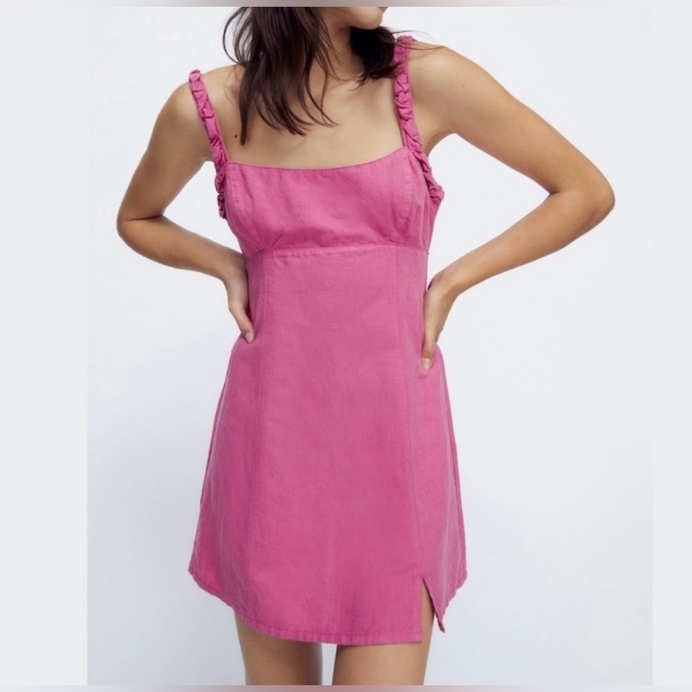Zara Pink Linen Mini Dress with Tie back detail Sz M